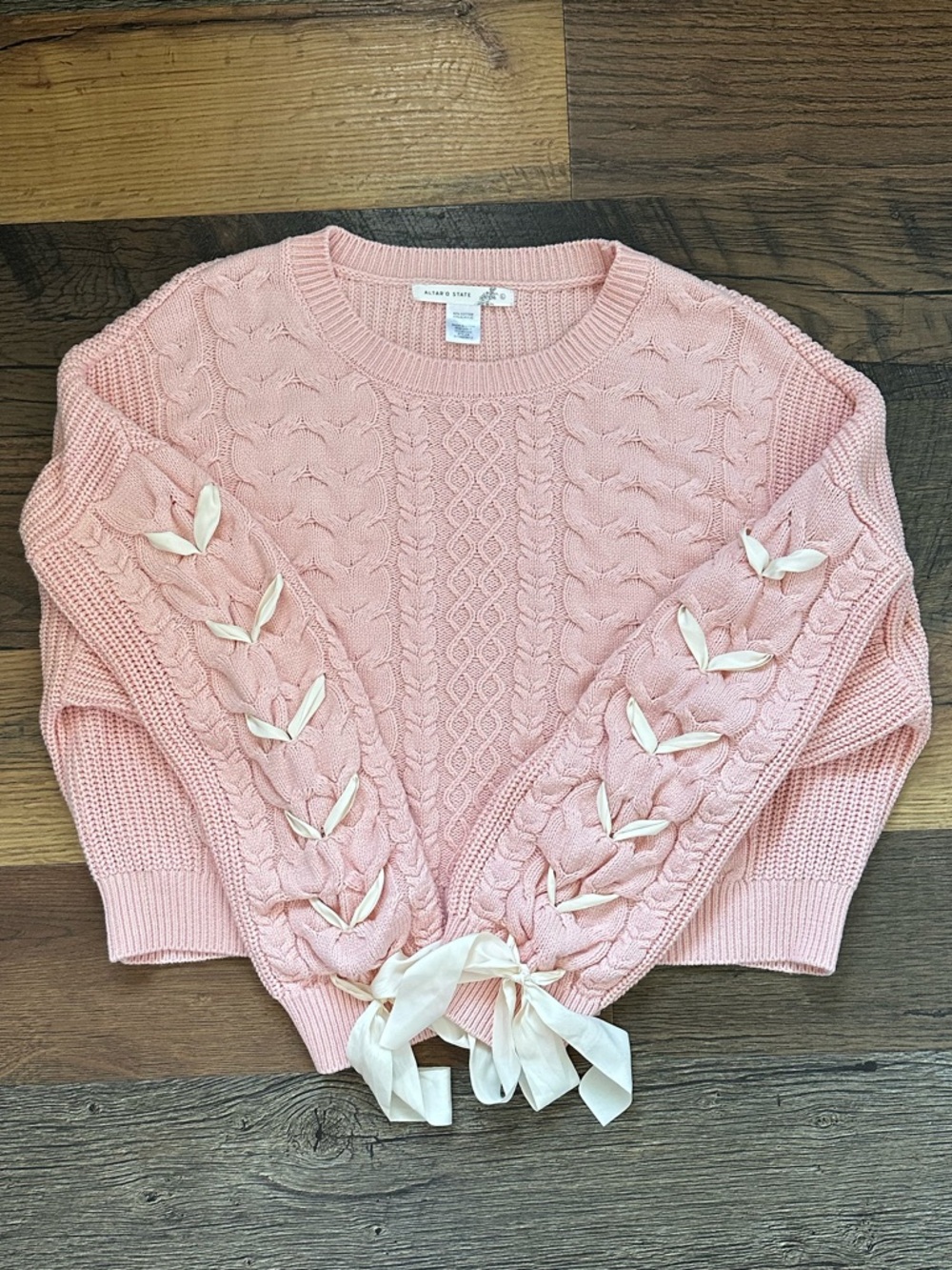 Altar’d State Pink Ivory Ribbon Bow Sweater